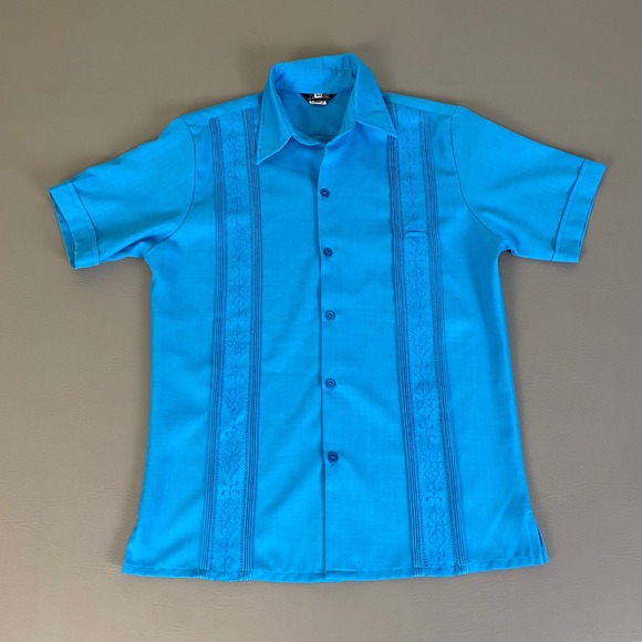 Melanie Lino Guayabera Cuban Shirt 34 Ita (Medium) Embroidered Short Sleeve Blue - Picture 1 of 10